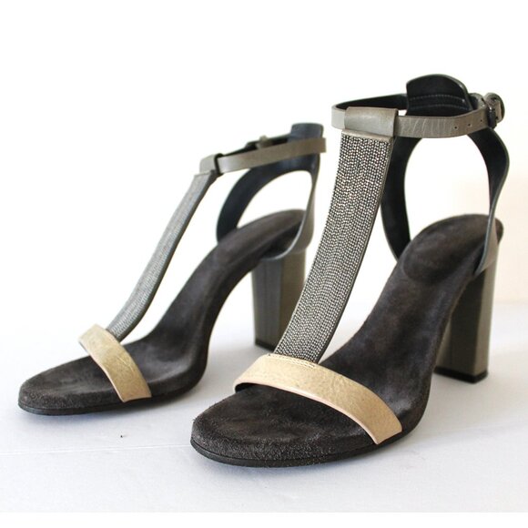 Brunello Cucinelli Monili T-Strap Leather Sandal Block Heel / Size 37 / Grey - Picture 1 of 11